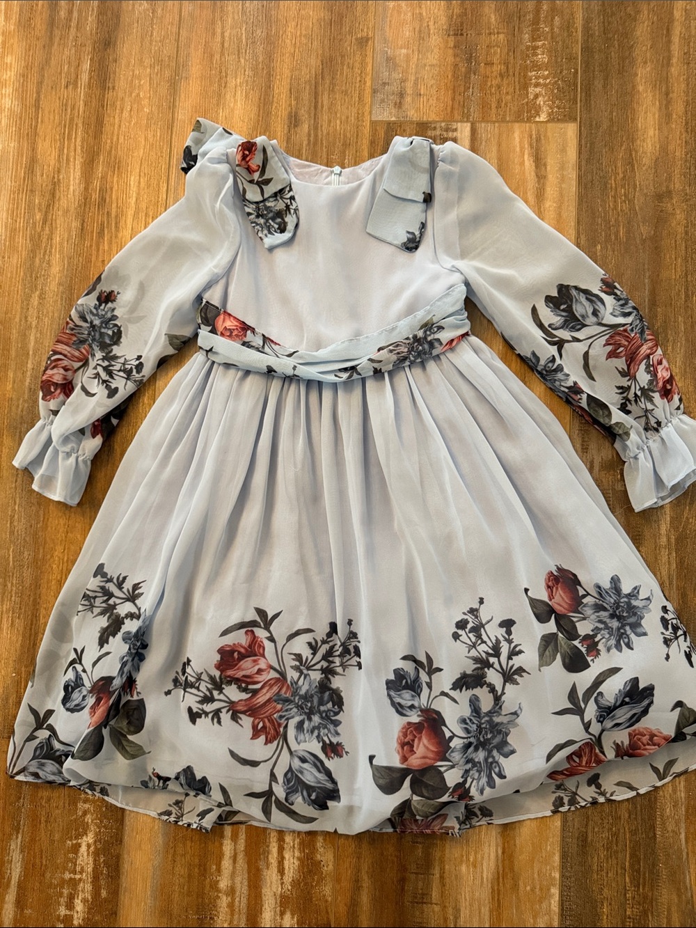 Light Blue Floral Chiffon Girls' Formal Dress with Bow Waist
